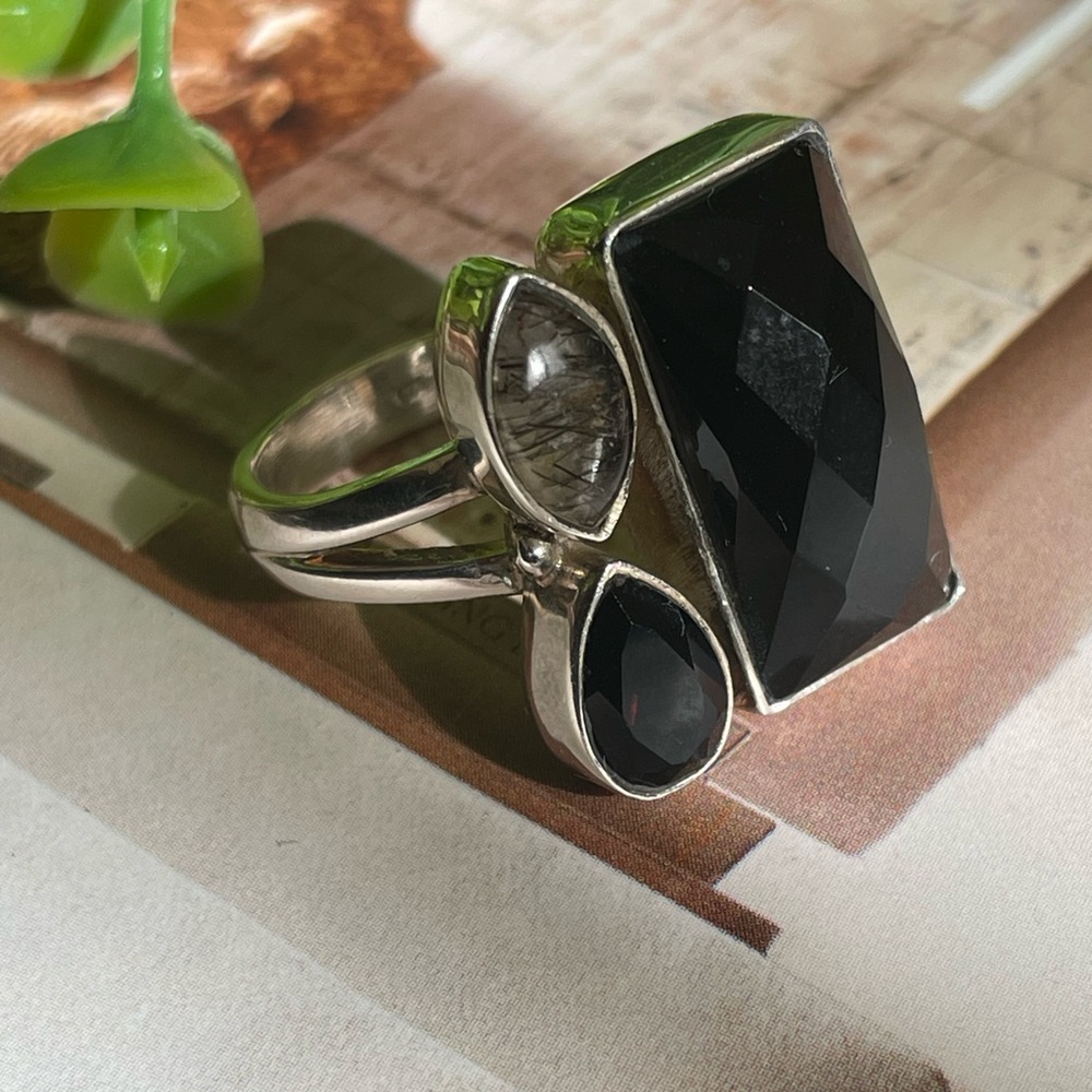 Ring Black Onyx multi stone statement Ring in 925 Sterling silver (US 7 and up) - Picture 4 of 12